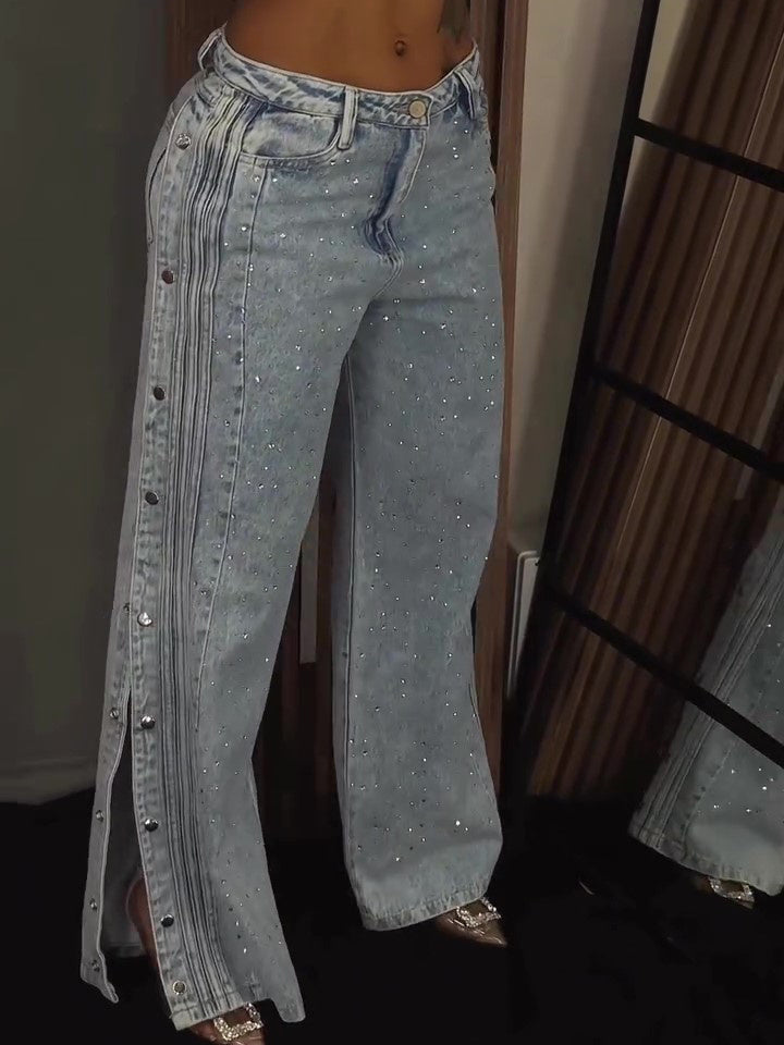 Jeans tendance à boutons en polyester et strass
