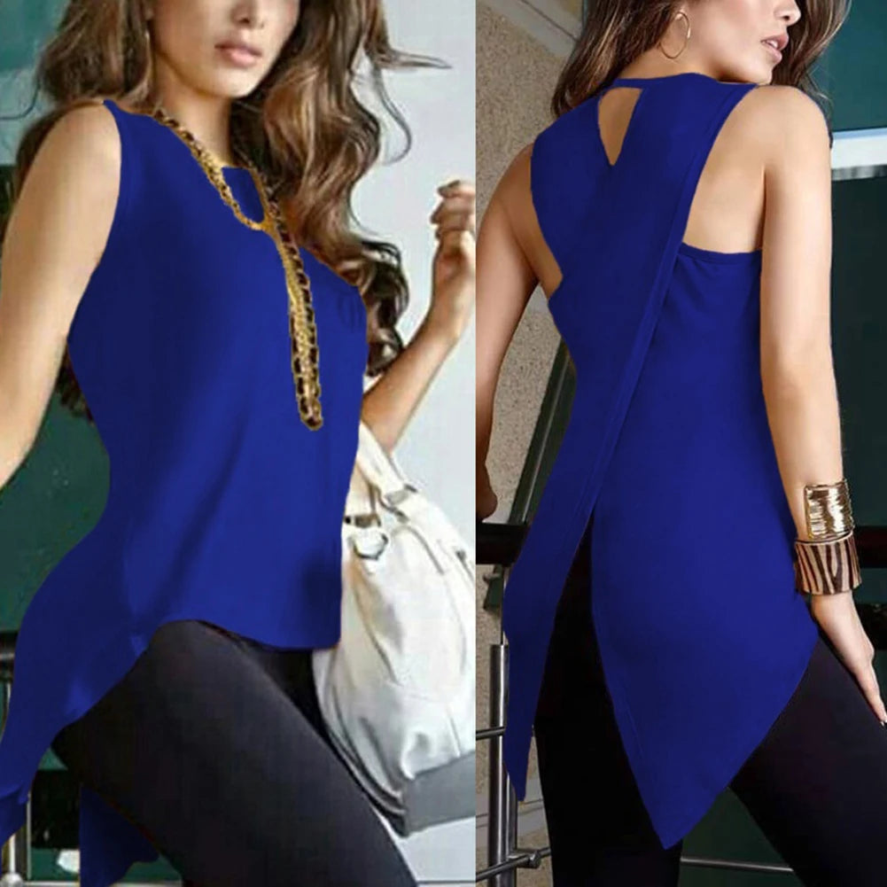 Summer Tops Fashion Sleevele Women Summer Fashion Solid Color Sleeveless Irregular Cross Back Vest Top Women Loose Summer Tops