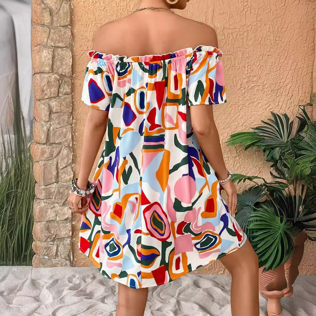 Elegant Women's Tropical Printing Off-the-shoulder Dress