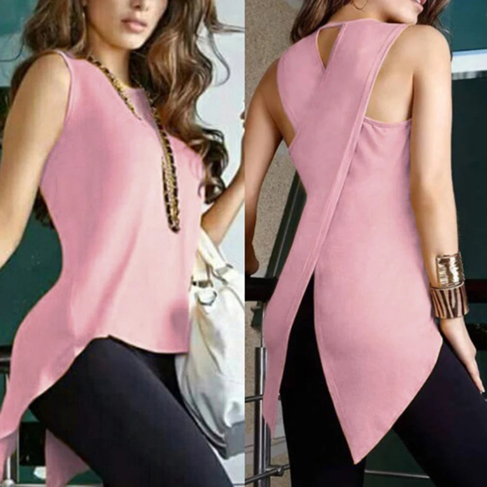 Summer Tops Fashion Sleevele Women Summer Fashion Solid Color Sleeveless Irregular Cross Back Vest Top Women Loose Summer Tops