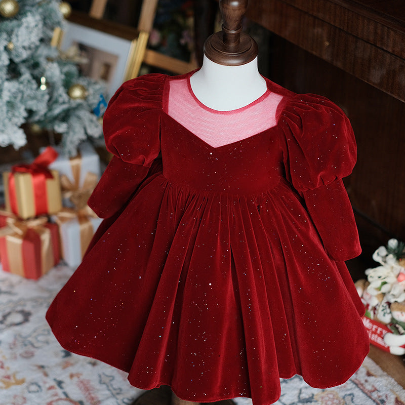 Wine Red Summer Long Sleeve Flower Girl Wedding Princess Skirt