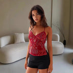 Y2K Dopamine-colored Bandeau Sling Tops Summer V-neck Flower Beaded Backless Vest For Women