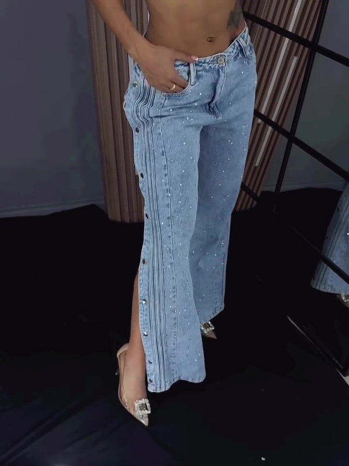 Jeans tendance à boutons en polyester et strass