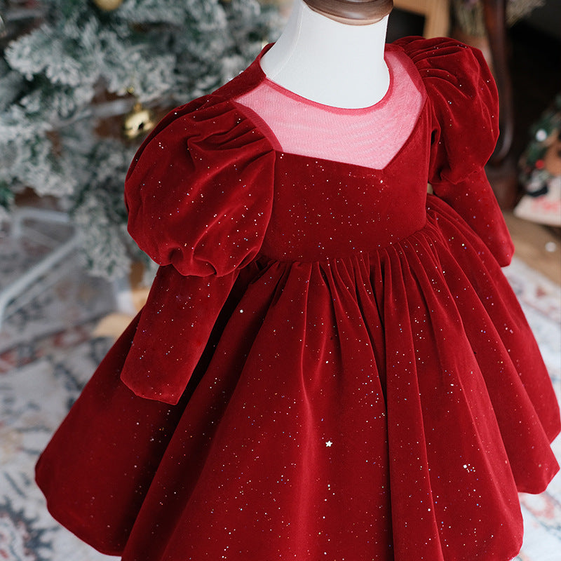 Wine Red Summer Long Sleeve Flower Girl Wedding Princess Skirt