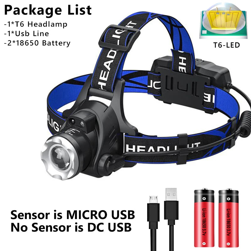 1000000LM LED Headlamp Sensor XHP90.2 Headlight with Built-In Battery Flashlight USB Rechargeable Head Lamp Torch Light Lantern