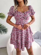 Women Mini Dress Temperament Big Swing Loose Hem Flower Print Shirring Dress up Short Sleeves High Waist Summer Dress Clothes