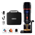 Cafetière portable italien espresso avec bouton d'allumage bleu et ses accessoires, chargeur usb, cordon allume cigare, deux modèles de capsule 5g, 10g, contenant pour café en poudre son support et sa valise