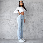 Women's Straight Leg Slim Fit Jeans, Fashionable And Simple Light Blue Pants