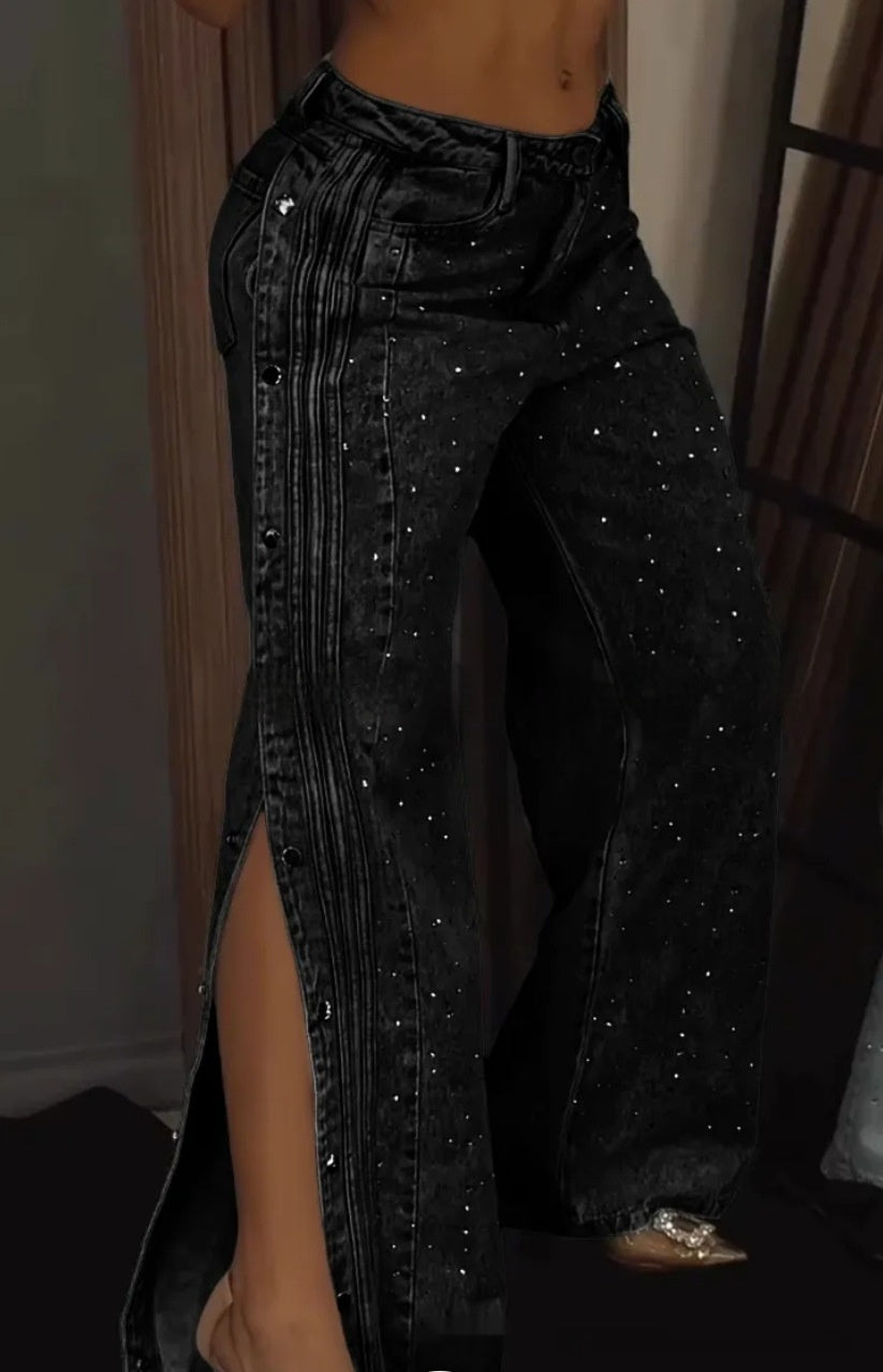 Jeans tendance à boutons en polyester et strass