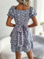 Women Mini Dress Temperament Big Swing Loose Hem Flower Print Shirring Dress up Short Sleeves High Waist Summer Dress Clothes