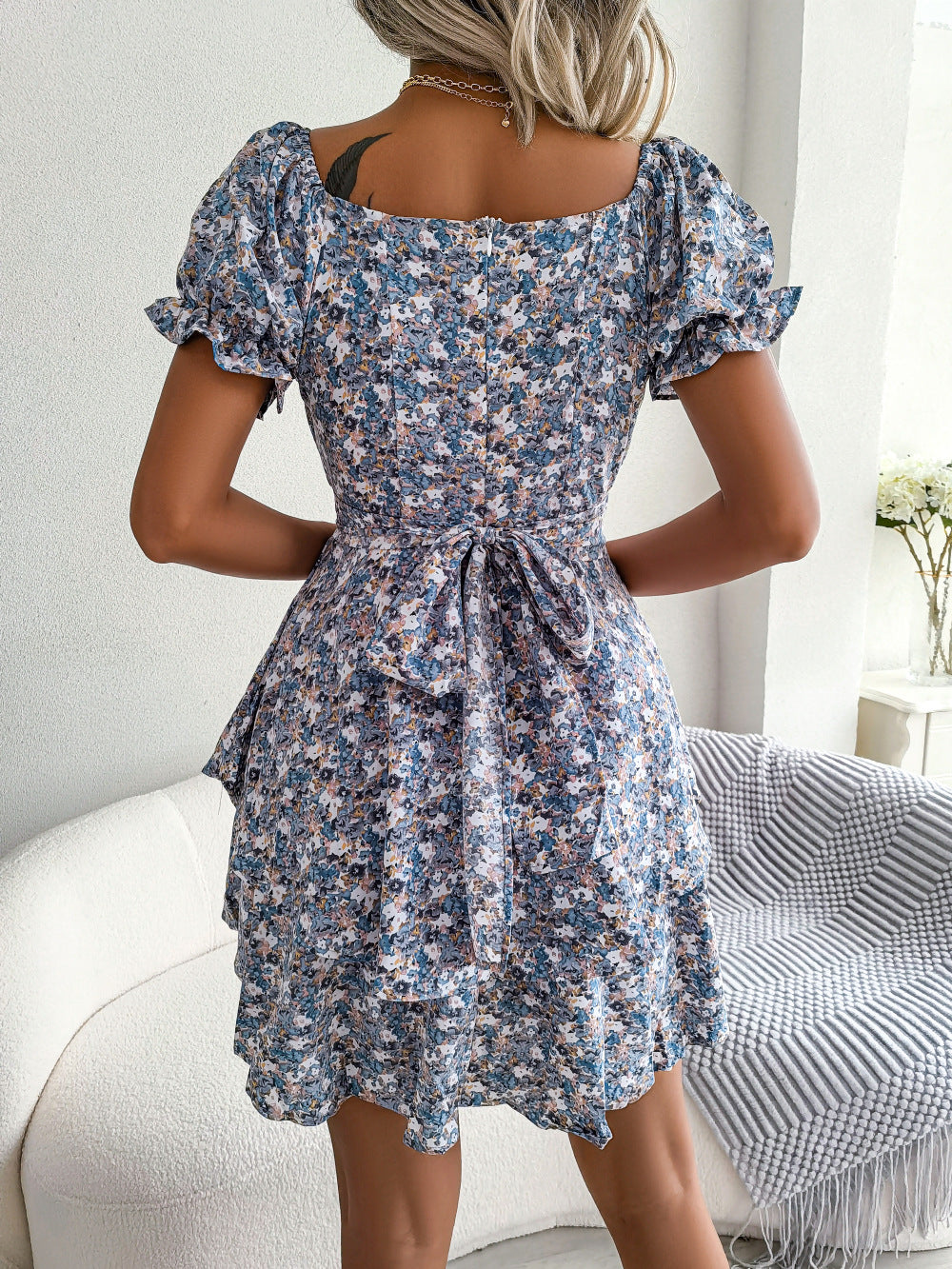 Women Mini Dress Temperament Big Swing Loose Hem Flower Print Shirring Dress up Short Sleeves High Waist Summer Dress Clothes