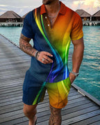 Men's Summer Fashion 3D Printed Short Sleeve Geometric Zip Lapel Shirt Set