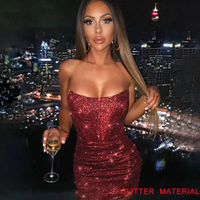 Night Club Party Woman Dress Sexy Bodycon Glitter Strapless Mini Short Prom Robe 2025 Summer Elegant Ruched Black Vestidos