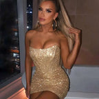 Night Club Party Woman Dress Sexy Bodycon Glitter Strapless Mini Short Prom Robe 2025 Summer Elegant Ruched Black Vestidos
