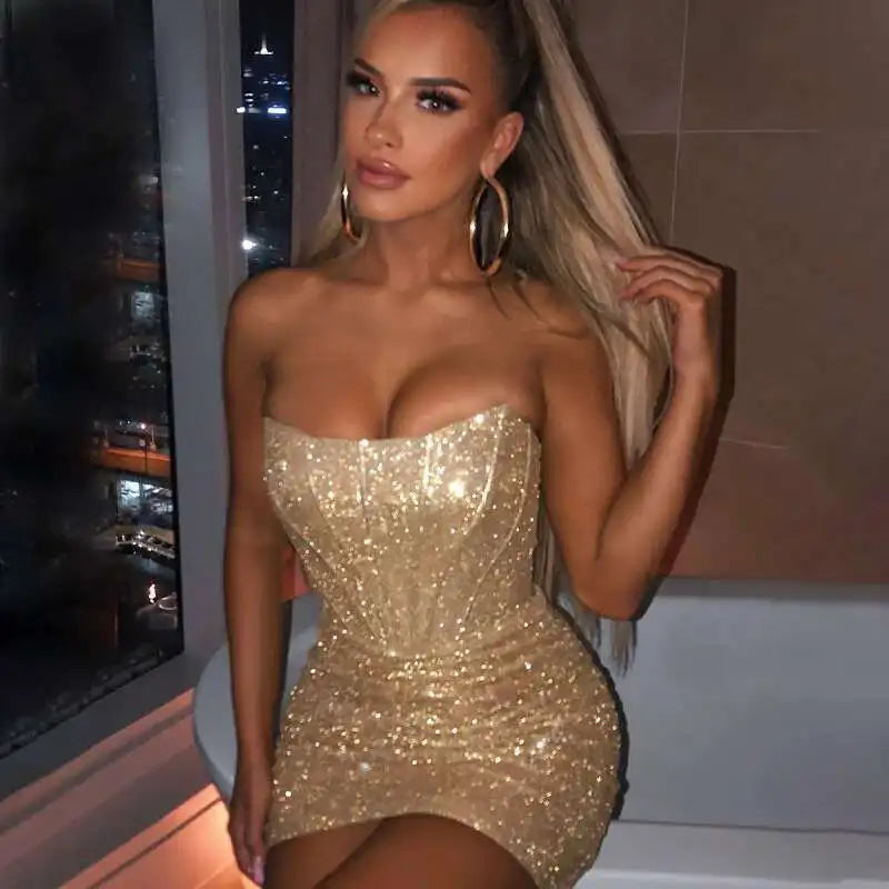 Night Club Party Woman Dress Sexy Bodycon Glitter Strapless Mini Short Prom Robe 2025 Summer Elegant Ruched Black Vestidos
