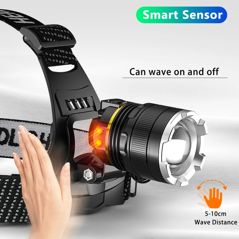 1000000LM LED Headlamp Sensor XHP90.2 Headlight with Built-In Battery Flashlight USB Rechargeable Head Lamp Torch Light Lantern