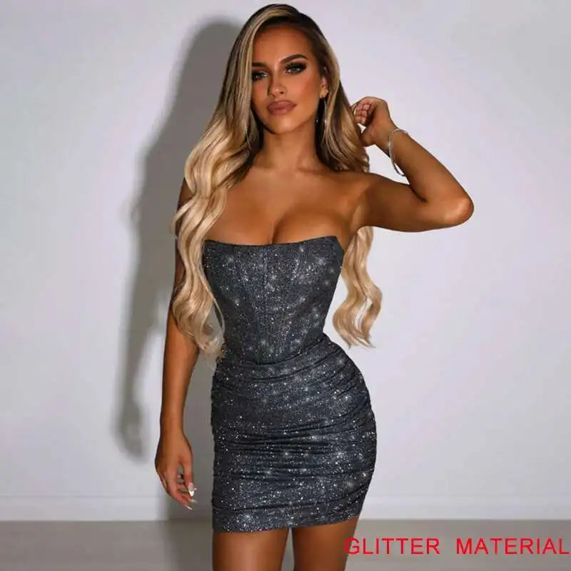 Night Club Party Woman Dress Sexy Bodycon Glitter Strapless Mini Short Prom Robe 2025 Summer Elegant Ruched Black Vestidos