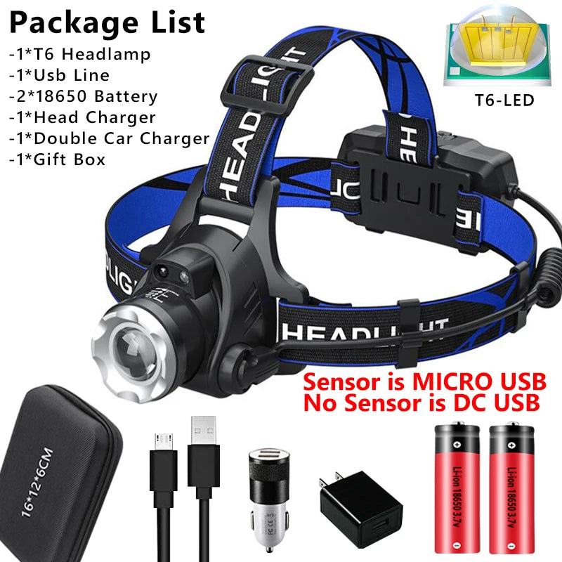 1000000LM LED Headlamp Sensor XHP90.2 Headlight with Built-In Battery Flashlight USB Rechargeable Head Lamp Torch Light Lantern
