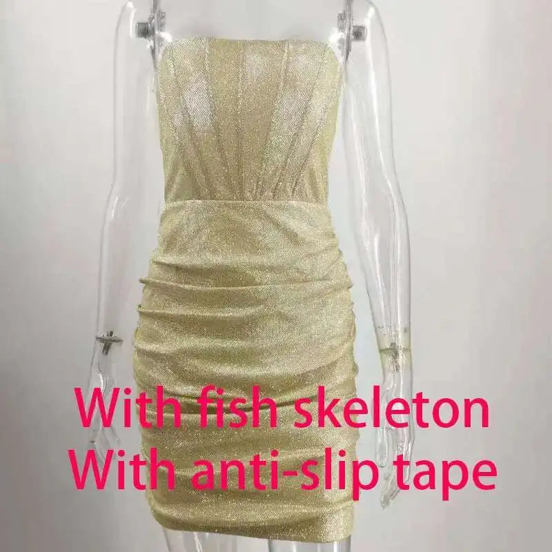 Night Club Party Woman Dress Sexy Bodycon Glitter Strapless Mini Short Prom Robe 2025 Summer Elegant Ruched Black Vestidos