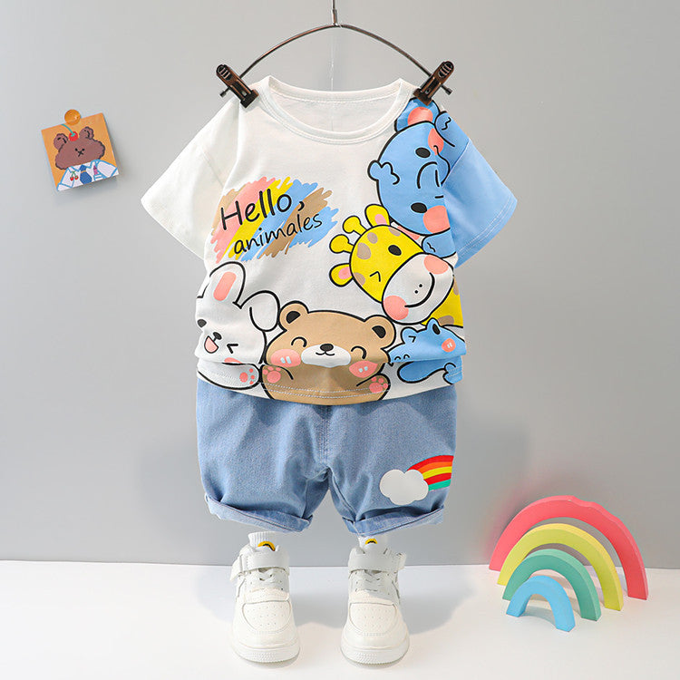 Boys And Girls Short-sleeved Denim Five-point Pants Two-piece Cute Pants Suit Cotton Short-sleeved