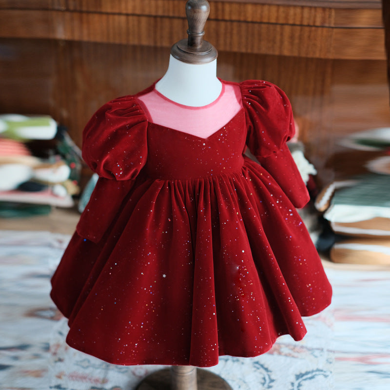 Wine Red Summer Long Sleeve Flower Girl Wedding Princess Skirt