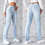 Women's Straight Leg Slim Fit Jeans, Fashionable And Simple Light Blue Pants