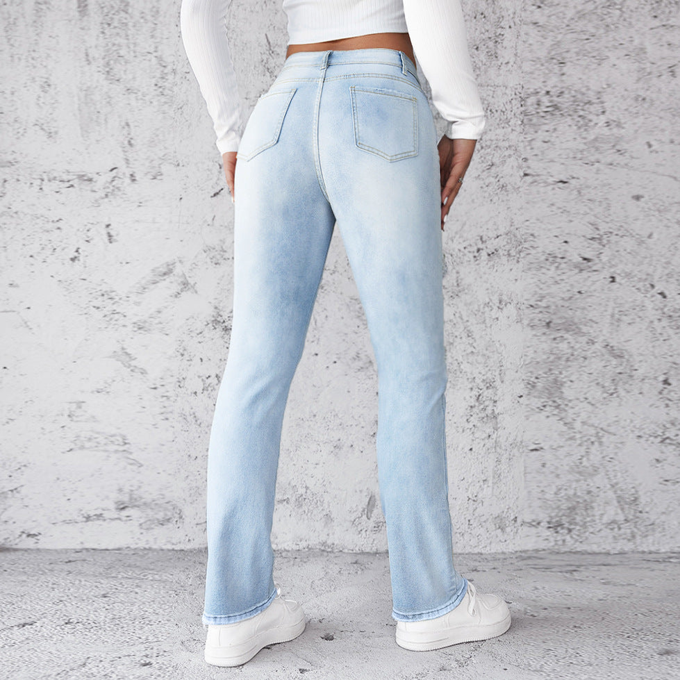 Women's Straight Leg Slim Fit Jeans, Fashionable And Simple Light Blue Pants