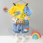 Boys And Girls Short-sleeved Denim Five-point Pants Two-piece Cute Pants Suit Cotton Short-sleeved
