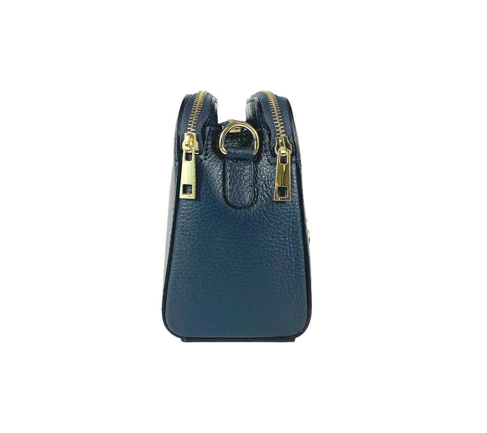 RB1011D | Women's Genuine Leather Crossbody Bag Made in Italy. Removable shoulder strap. Polished Gold metal snap hook attachments. Color: Blue. Dimensions: 25 x 17 x 10 cm.-2