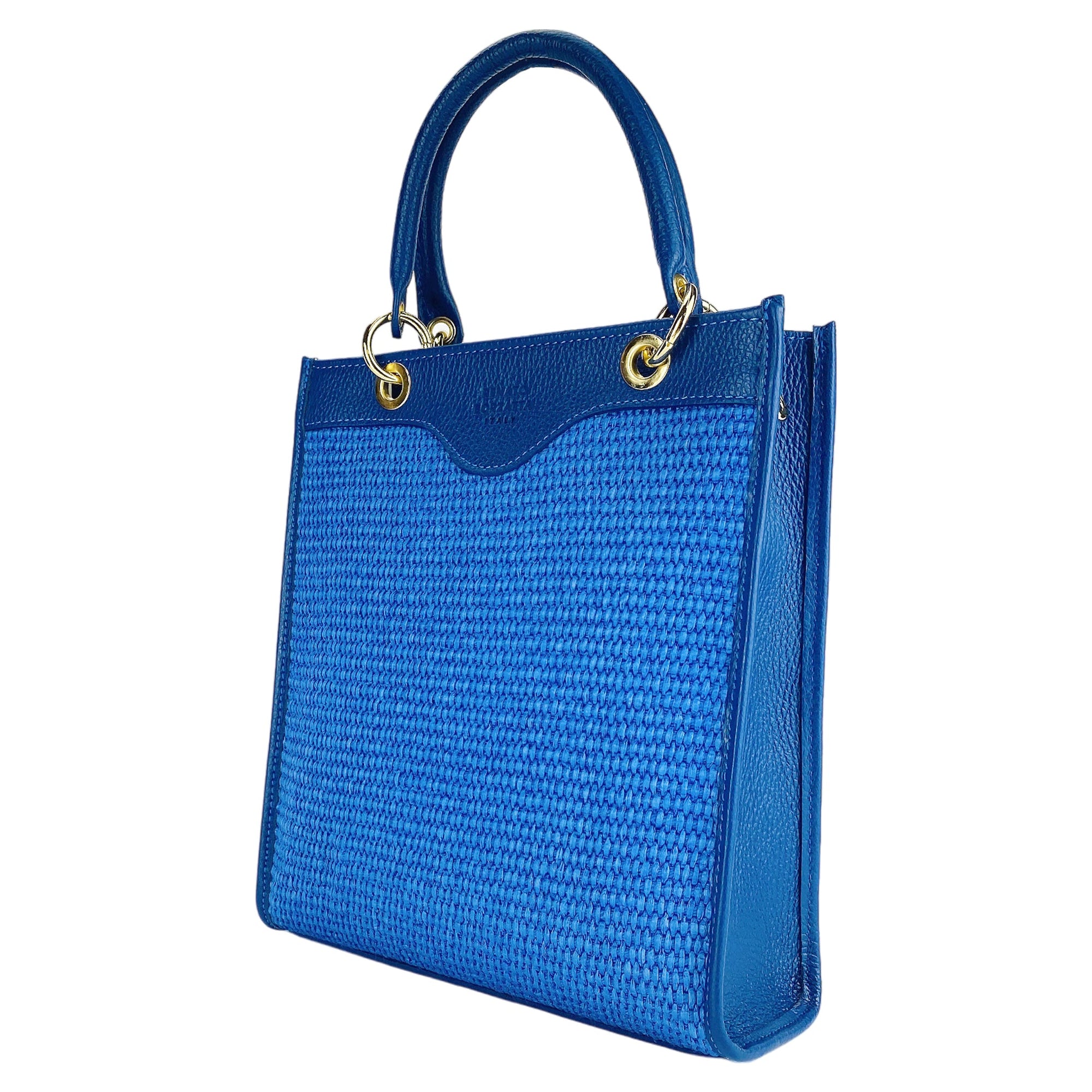 RB1026CH | Women's Vertical Handbag in Genuine Leather and Straw Made in Italy. Removable and adjustable leather shoulder strap. Polished Gold Accessories - Royal Blue Color - Dimensions: 24 x 29 x 9 cm-0