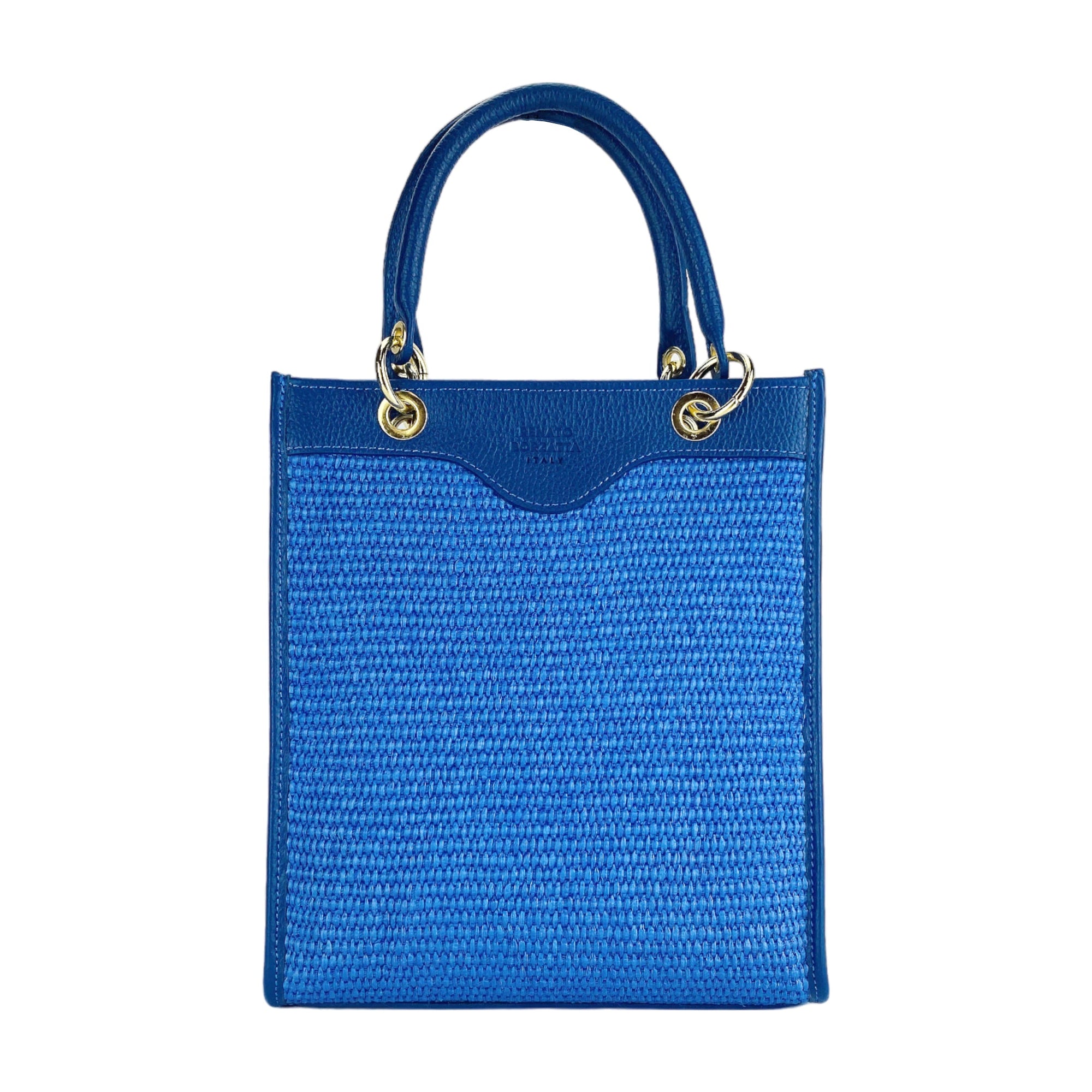 RB1026CH | Women's Vertical Handbag in Genuine Leather and Straw Made in Italy. Removable and adjustable leather shoulder strap. Polished Gold Accessories - Royal Blue Color - Dimensions: 24 x 29 x 9 cm-1