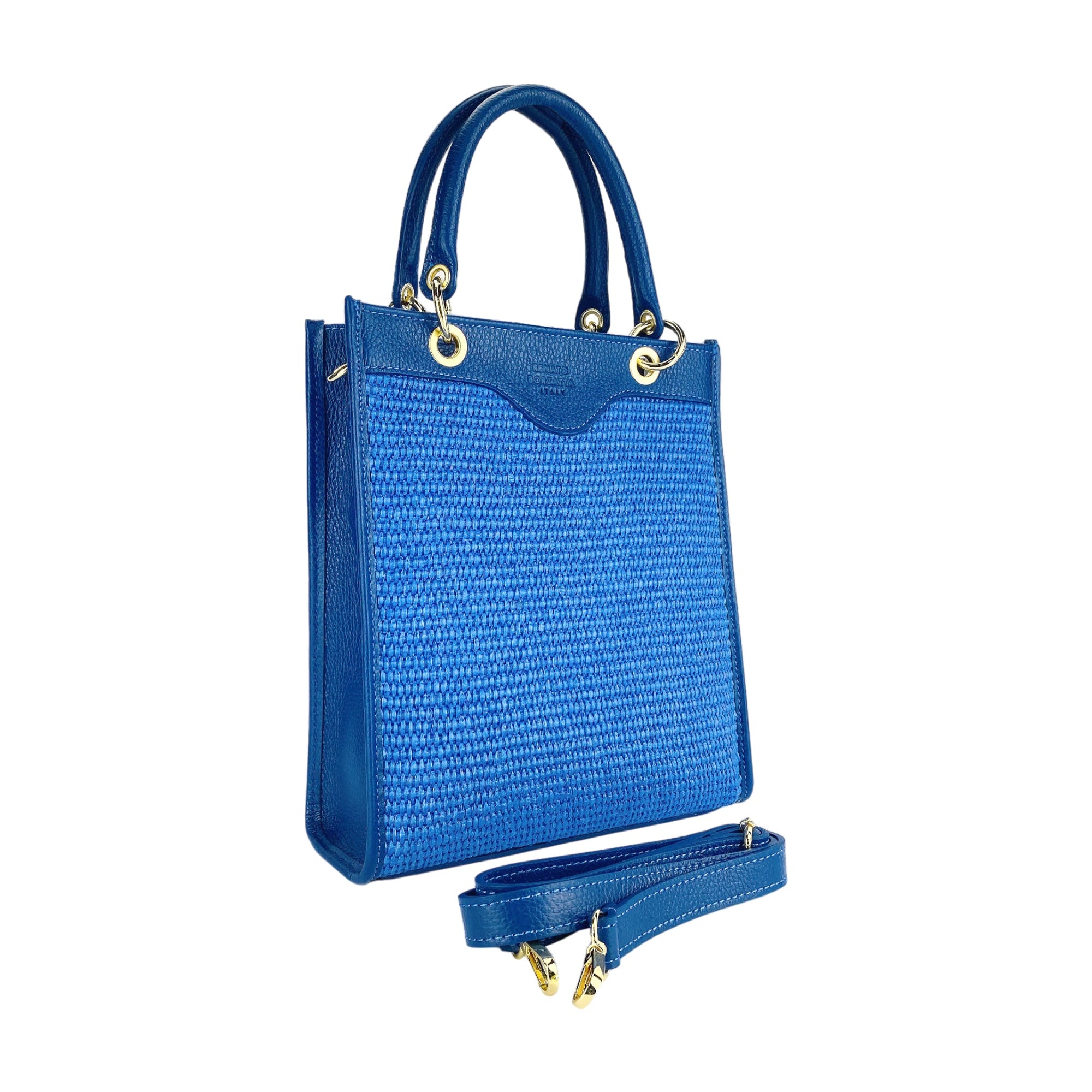 RB1026CH | Women's Vertical Handbag in Genuine Leather and Straw Made in Italy. Removable and adjustable leather shoulder strap. Polished Gold Accessories - Royal Blue Color - Dimensions: 24 x 29 x 9 cm-2