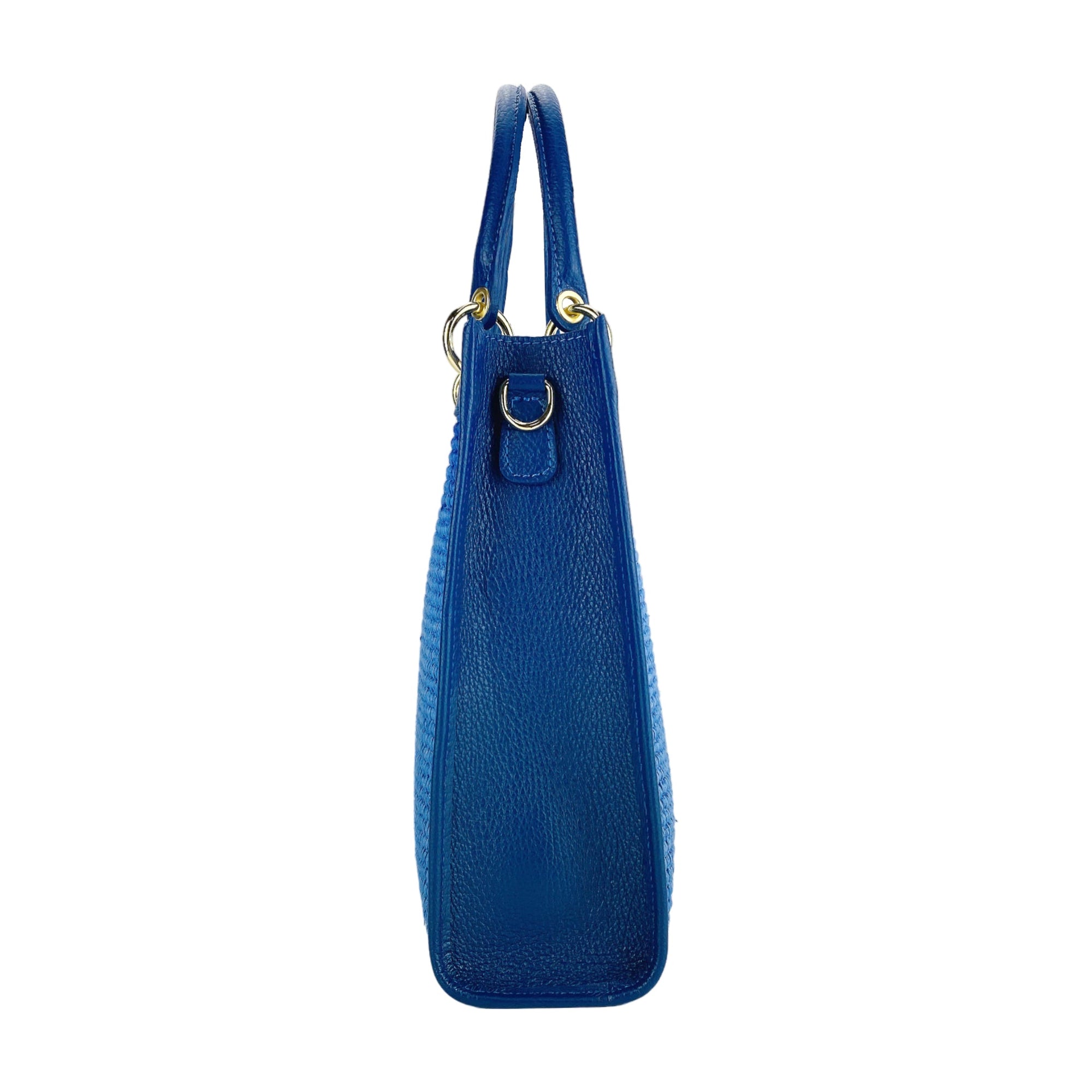 RB1026CH | Women's Vertical Handbag in Genuine Leather and Straw Made in Italy. Removable and adjustable leather shoulder strap. Polished Gold Accessories - Royal Blue Color - Dimensions: 24 x 29 x 9 cm-3