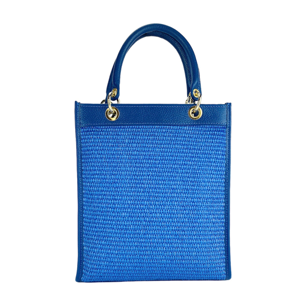 RB1026CH | Women's Vertical Handbag in Genuine Leather and Straw Made in Italy. Removable and adjustable leather shoulder strap. Polished Gold Accessories - Royal Blue Color - Dimensions: 24 x 29 x 9 cm-4