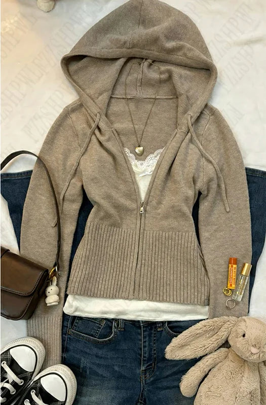 Fashion y2k vintage Millennium Hot Girl Green hooded sweatshirt with a unique design sense, a slimming and form-fitting coat emo