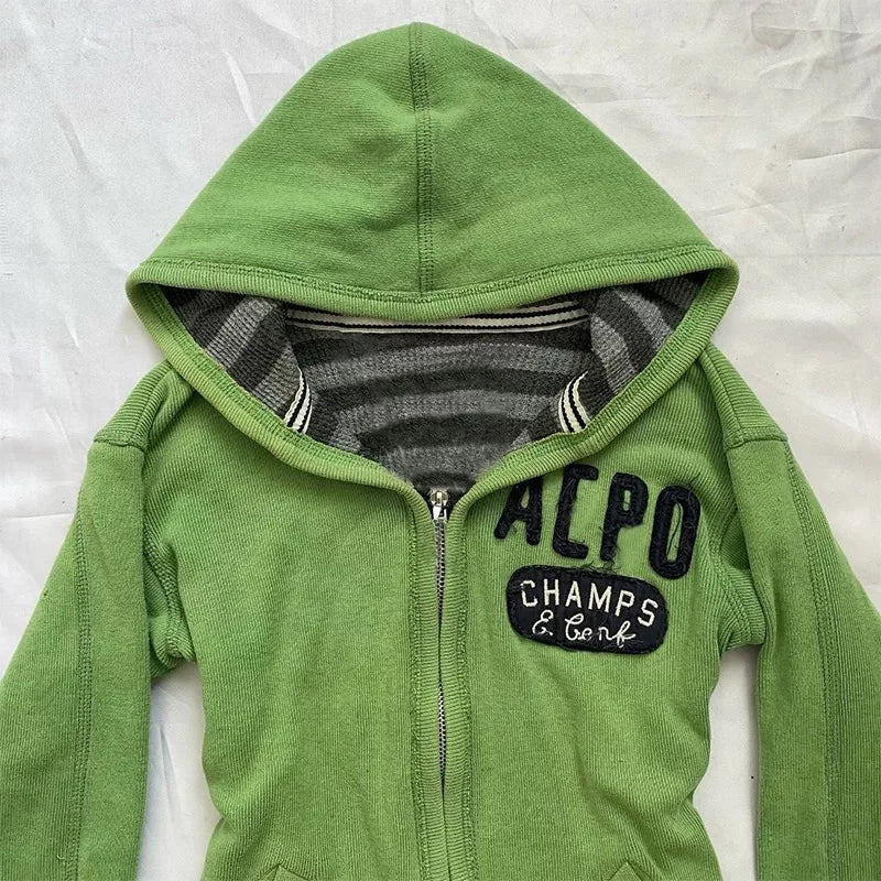 Fashion y2k vintage Millennium Hot Girl Green hooded sweatshirt with a unique design sense, a slimming and form-fitting coat emo