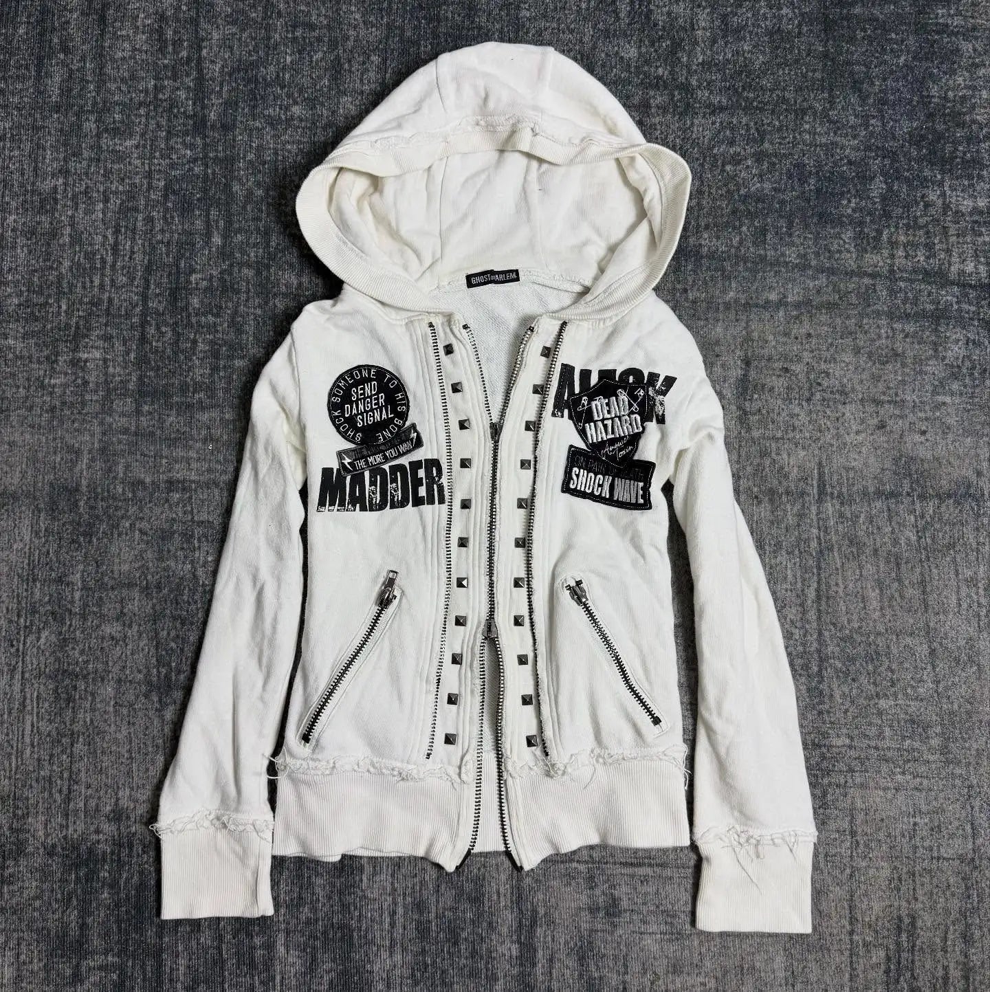 Retro Dark Style Zipper Hoodie Y2K Clothes Mens Womens Hip Hop Skull Patch Embroidery White Oversized Sweatshirt Casual Jacket