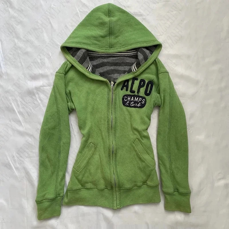 Fashion y2k vintage Millennium Hot Girl Green hooded sweatshirt with a unique design sense, a slimming and form-fitting coat emo