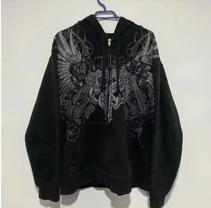 Y2K New Zipper Hoodie Men American Retro Washed Letter Printed Sportswear High Street Gothic Fashion Loose Top Unisex Clothing