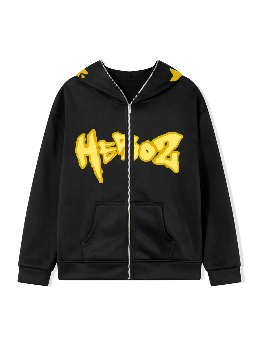 Women s Hooded Sweatshirt Jacket Cartoon Letter Star Pattern Full Zip Up Fall Coat Streetwear