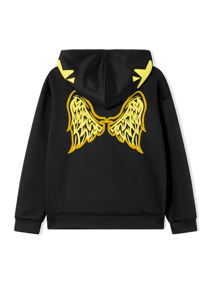 Women s Hooded Sweatshirt Jacket Cartoon Letter Star Pattern Full Zip Up Fall Coat Streetwear