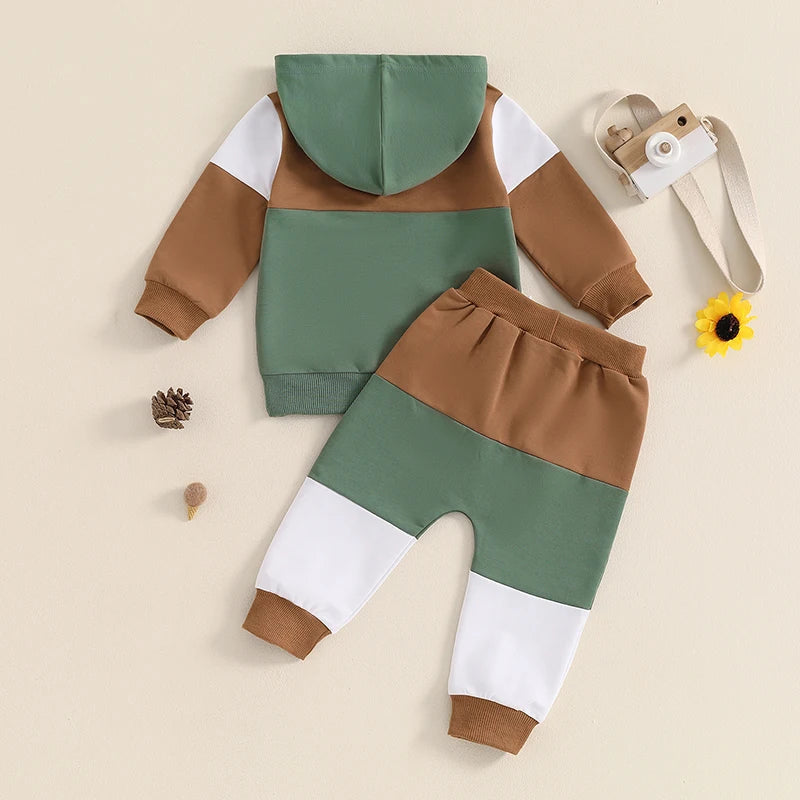 Baby Boy Fall Clothes Contrast Colors Long Sleeve Hooded Sweatshirt and Elastic Sweatpants 2 Piece Track Suit