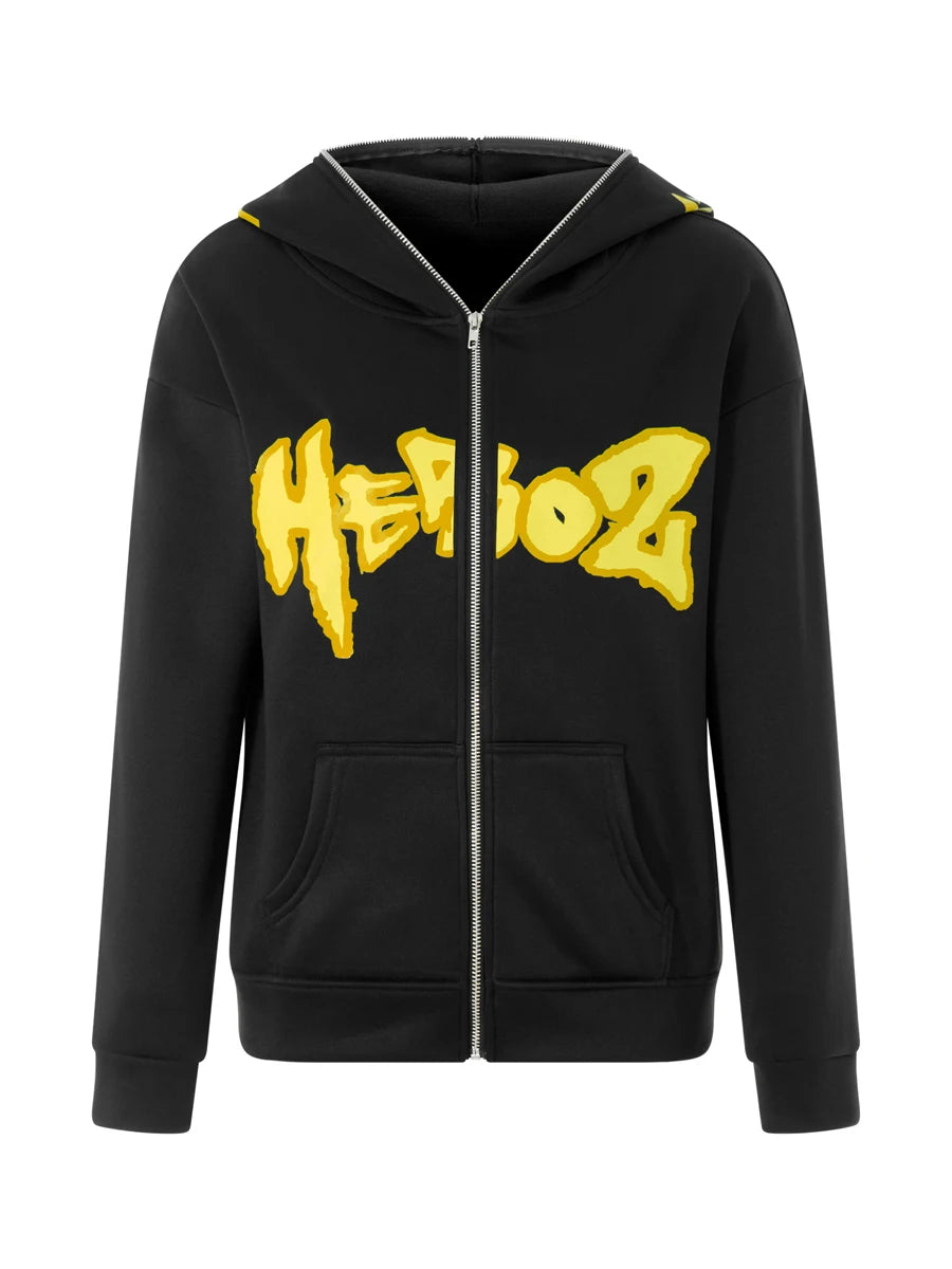 Women s Hooded Sweatshirt Jacket Cartoon Letter Star Pattern Full Zip Up Fall Coat Streetwear