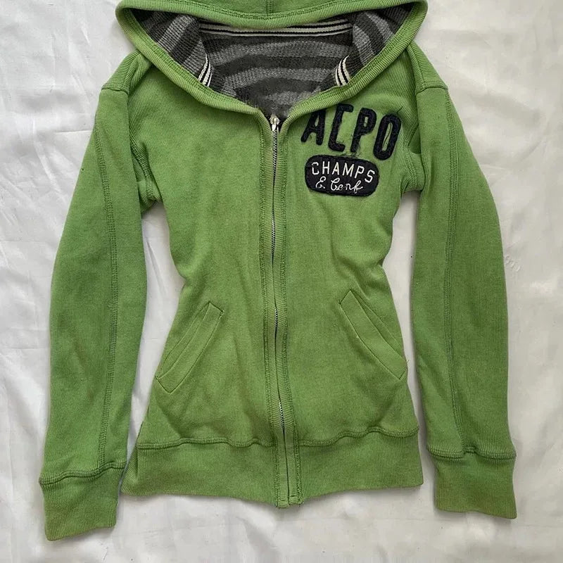 Fashion y2k vintage Millennium Hot Girl Green hooded sweatshirt with a unique design sense, a slimming and form-fitting coat emo