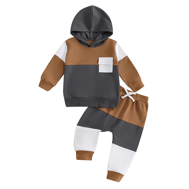 Baby Boy Fall Clothes Contrast Colors Long Sleeve Hooded Sweatshirt and Elastic Sweatpants 2 Piece Track Suit