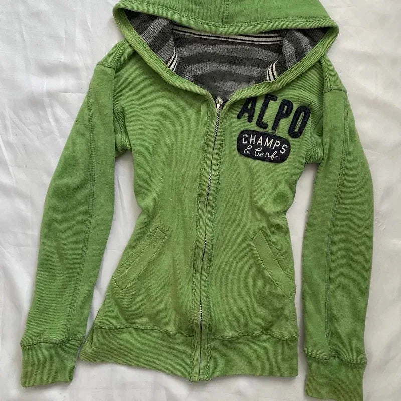 Fashion y2k vintage Millennium Hot Girl Green hooded sweatshirt with a unique design sense, a slimming and form-fitting coat emo