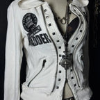 Retro Dark Style Zipper Hoodie Y2K Clothes Mens Womens Hip Hop Skull Patch Embroidery White Oversized Sweatshirt Casual Jacket