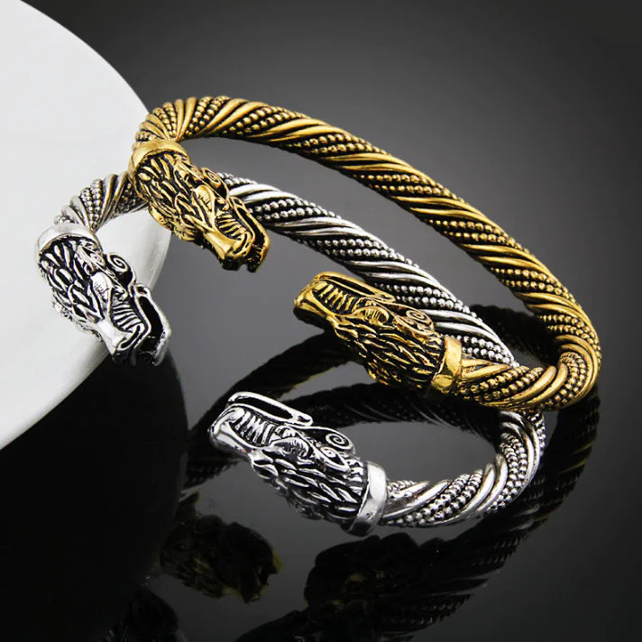 Bracelet Ouvert à Tête de Loup et Dragon