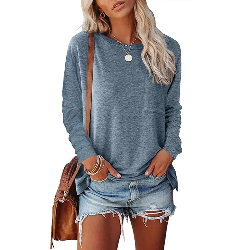 Pocket Split Long-sleeved Casual T-shirt
