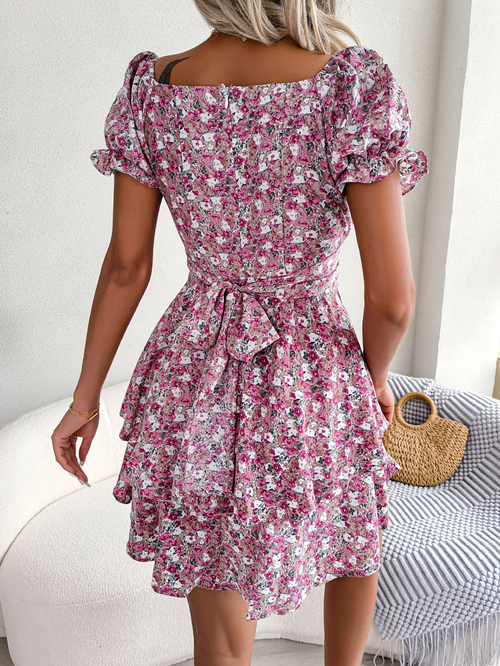 Women Mini Dress Temperament Big Swing Loose Hem Flower Print Shirring Dress up Short Sleeves High Waist Summer Dress Clothes